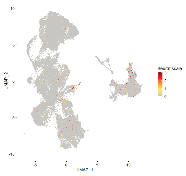 Feature plot of Mp1g27120 on UMAP