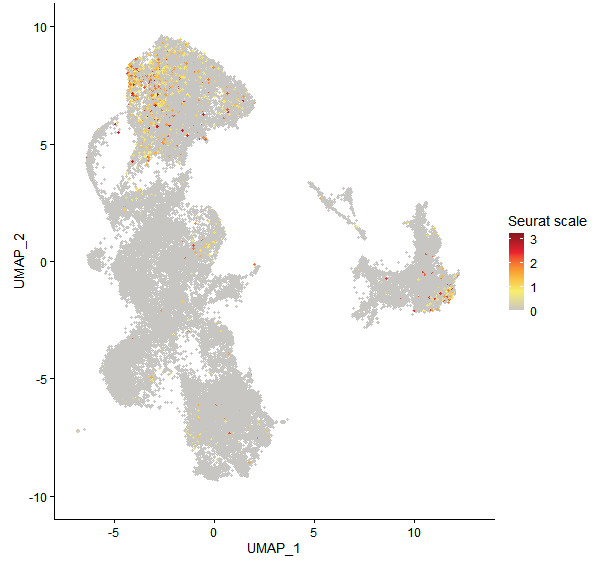 Feature plot of Mp2g16990 on UMAP