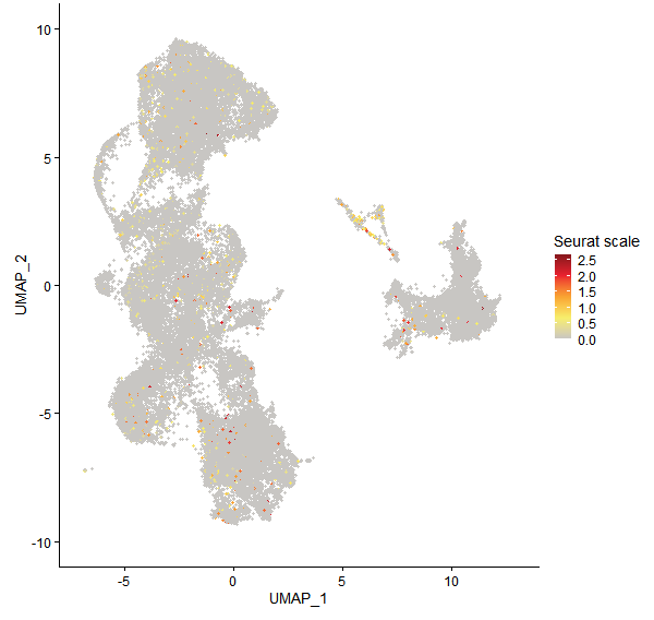Feature plot of Mp2g19350 on UMAP