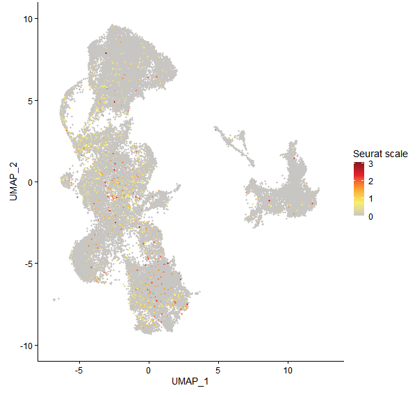 Feature plot of Mp2g22860 on UMAP