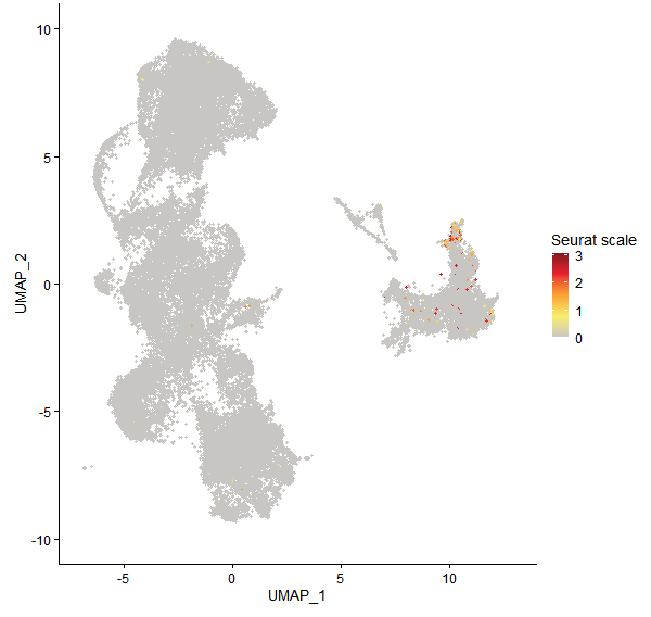 Feature plot of Mp3g06610 on UMAP