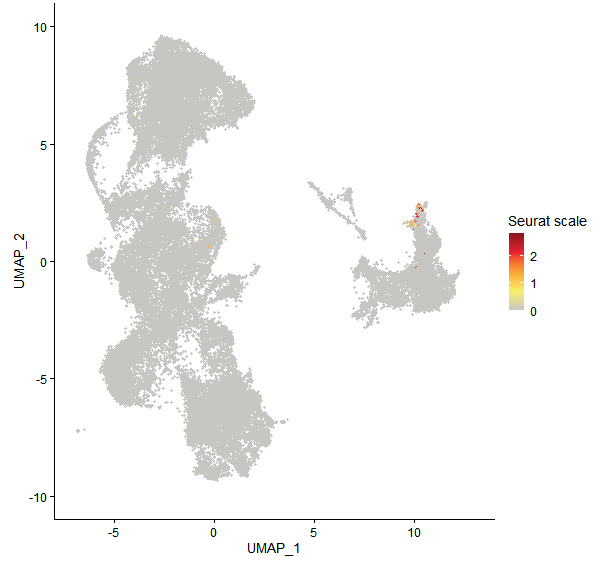 Feature plot of Mp3g10420 on UMAP