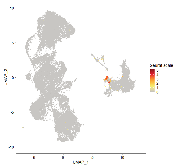 Feature plot of Mp3g14900 on UMAP