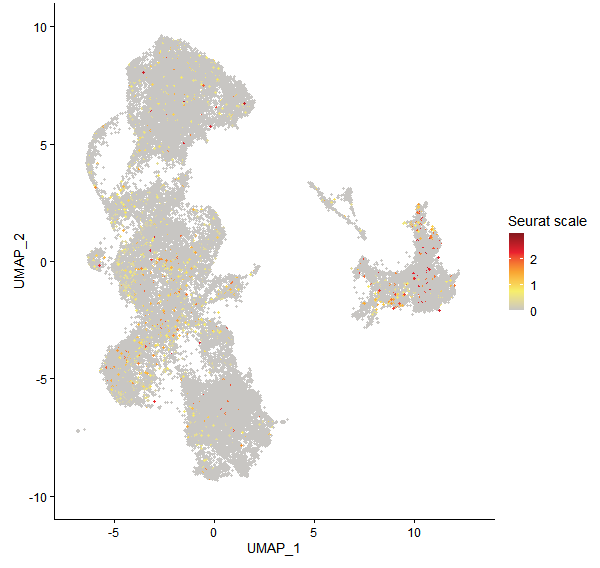 Feature plot of Mp3g20830 on UMAP