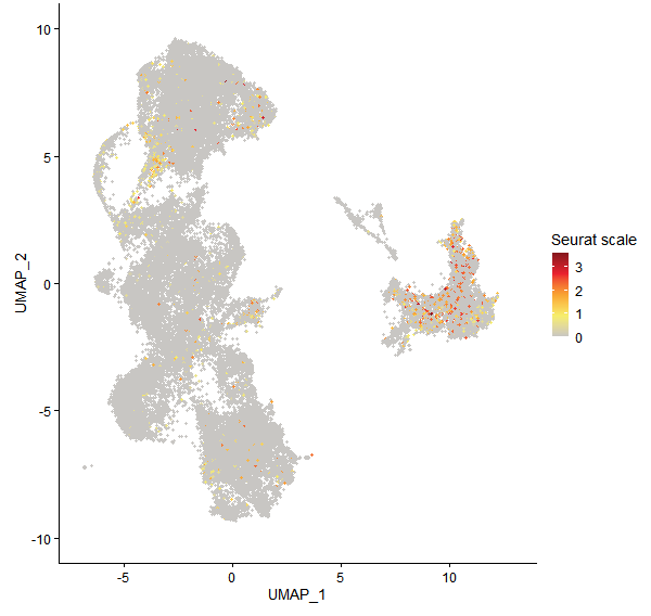 Feature plot of Mp3g22350 on UMAP