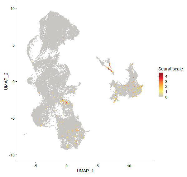 Feature plot of Mp6g11090 on UMAP