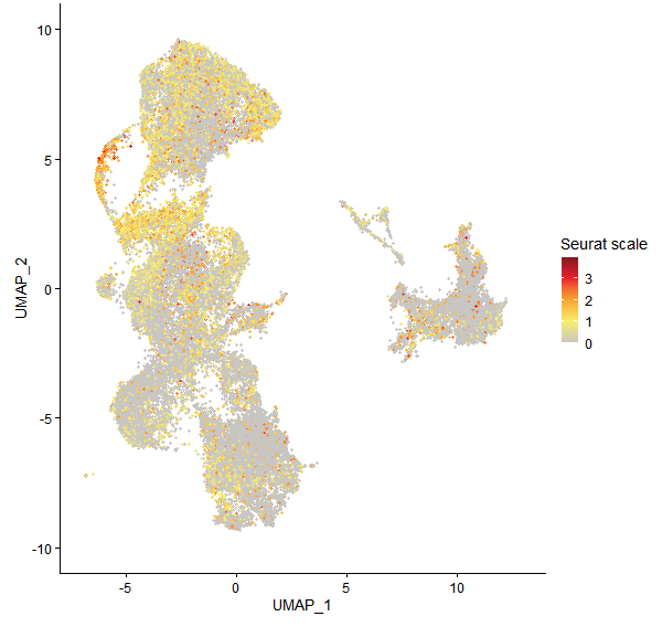 Feature plot of Mp7g10860 on UMAP