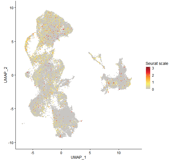 Feature plot of Mp8g02180 on UMAP